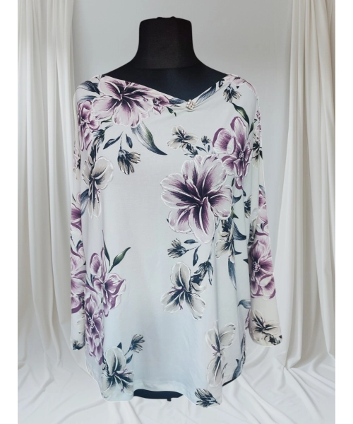 Biała bluzka z rękawem kimono - wiosenne fioletowe kwiaty